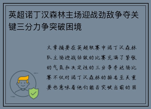 英超诺丁汉森林主场迎战劲敌争夺关键三分力争突破困境