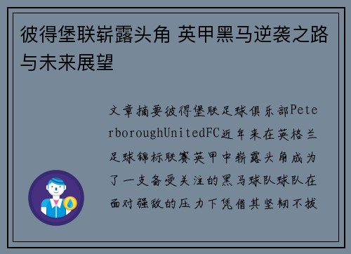 彼得堡联崭露头角 英甲黑马逆袭之路与未来展望